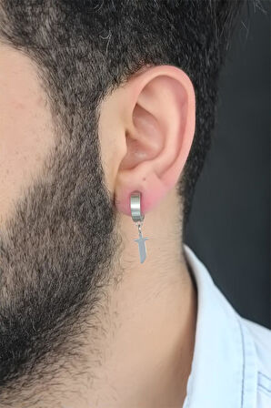 Silver Renk Kaplama Kılıç Figürlü Çelik Kıstırmalı Erkek Küpe - EBJ250501W33283