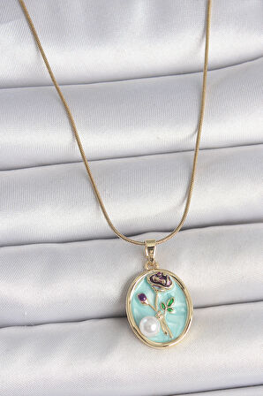 Gold Renk Zincir Mavi Çiçek İşlemeli İnci Detay Portre Model Kadın Kolye -  EBJ250510W33740