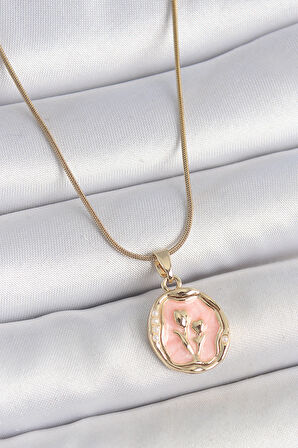 Gold Renk Zincir Pembe Mineli Çiçek İşlemeli Portre Model Kadın Kolye - EBJ250519W33950