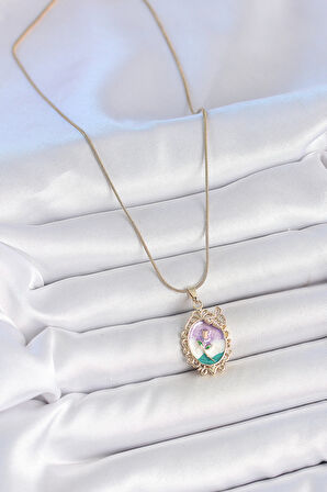 Gold Renk Zincir Mix Renk Mineli Çiçek İşlemeli Zirkon Taş Detaylı Portre Model Kadın Kolye - EBJ250519W33969