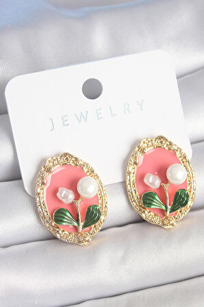 Pirinç Gold Renk Pembe Mineli İncili Çiçek İşlemli Portre Model Kadın Küpe - EBJ250519W33990