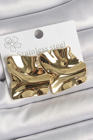 Gold Renk Dalgalı Plaka Kare Model Kadın Küpe - EBJ250520W34083