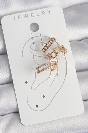 Pirinç Gold Renk Zirkon Taşlı Kare Zincir Model Kadın Kıkırdak Küpe - EBJ250522W34206