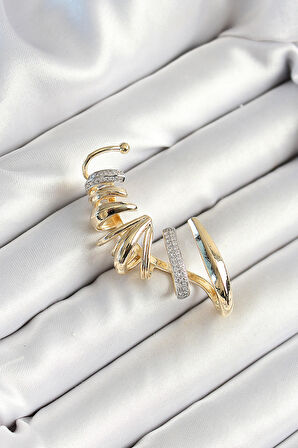 Pirinç Zirkon Taş Kaplamalı Sarmal Figürlü Gold Renk Kadın Sağ Kıkırdak Küpe - EBJ250530W34456