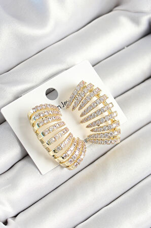 Pirinç Zirkon Taşlı Çoklu Görünümlü Model Gold Renk Kadın Küpe - EBJ250530W34458