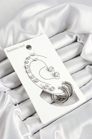 Halka Figürlü Ve Zirkon Taşlı Gümüş Renk 7'li Çift Kadın Küpe Set - EBJ250530W34463