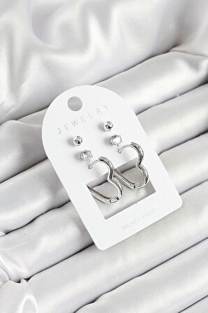 Pirinç Zirkon Taş Ve Kalp Figürlü Gümüş Renk 3'lü Çift Kadın Küpe Set - EBJ250530W34470
