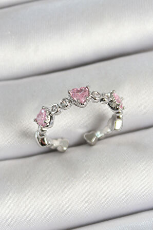 Pirinç Sıralı Kalp Figürlü Zirkon Taşlı Gümüş Renk Ayarlanabilir Kadın Yüzük - EBJ250530W34356