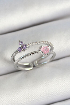 Pirinç Kalp Ve Çiçek Figürlü Zirkon Taşlı Gümüş Renk Ayarlanabilir Kadın Yüzük - EBJ250530W34374