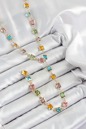 Pirinç Asorti Kare Model Gold Renk Zirkon Taşlı Y Kolye - EBJ250605W34518