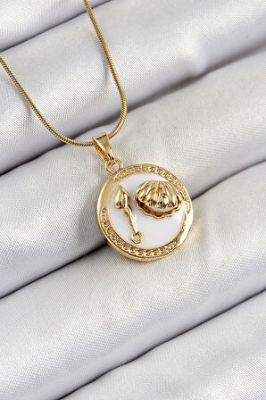 Zincir Beyaz Mineli Sanatsal Portre İstiridye Model Gold Renk Kadın Kolye - EBJ250605W34532