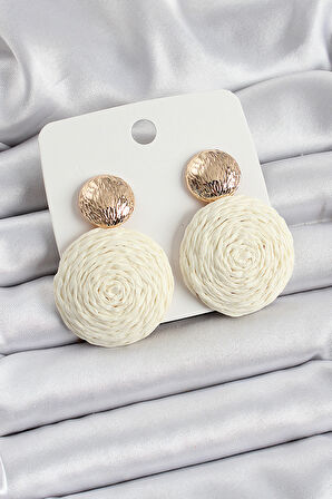 Krem Daire Figürlü Hasır Örgü Model Gold Renk Kadın Küpe - EBJ250605W34636