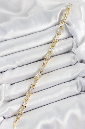 Pirinç Zincir Model Zirkon Taşlı Gold Renk VİP Seri Kadın Bileklik - EBJ250620W35778
