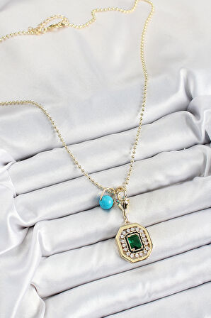 Gold Renk Pirinç Zirkon Taşlı Kadın Serenay Kolyesi - EBJ250620W35589