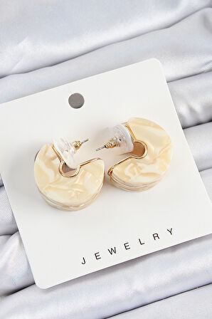 Pirinç Mermer Desenli Vintage Yarım Halka Model Gold Renk Kadın Küpe - EBJ250620W35789