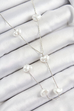 İncili Kalp Figürlü Y Model Gümüş Renk Kadın Kolye - EBJ250628W35880