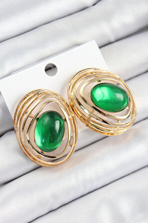 Pirinç Zümrüt Yeşili Zirkon Taşlı Oval Model Gold Renk Kadın Küpe - EBJ250628W35847