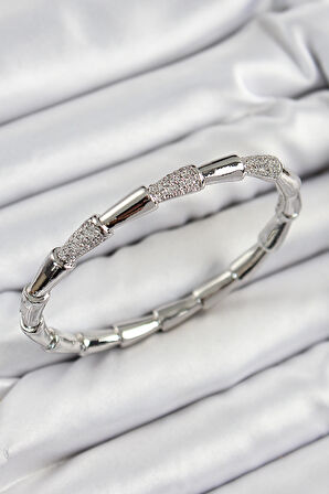 Pirinç Zirkon Taşlı Kemik Model Gümüş Renk Vip Kadın Bileklik - EBJ250705W36286