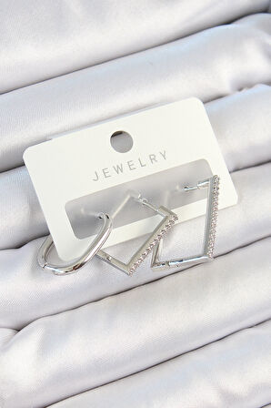 Pirinç Zirkon Taşlı Dikdörtgen Model Gümüş Renk 3'lü Çift Kadın Küpe Set - EBJ250705W36185