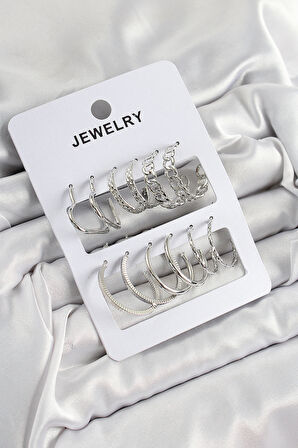 Pirinç Karışık Halka Model Gümüş Renk 6 Çift Kadın Küpe Set - EBJ250705W36350