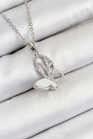  Zirkon Taşlı Kelebek Model Gümüş Renk Kadın Kolye - EBJ250711W36527