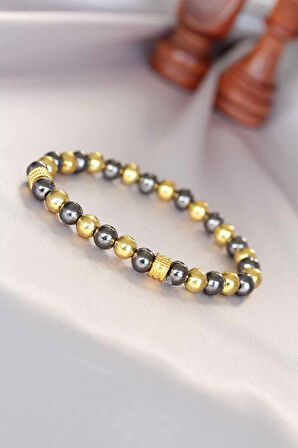 Hematit Füme Gold Renk Doğal Taş Erkek Bileklik - EBJ250711W36598