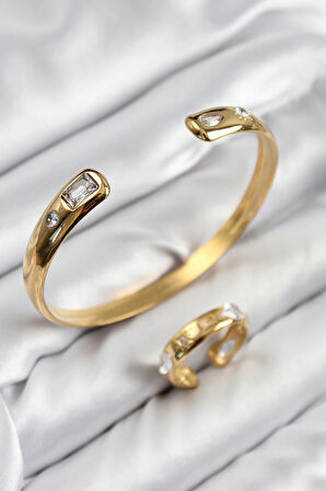 Pirinç Zirkon Taşlı Ayrık Model Gold Renk Bileklik Yüzük Set - EBJ250726W36907