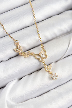 Zirkon Taşlı Kelebek Model Gold Renk Kadın Kolye - EBJ250726W36936