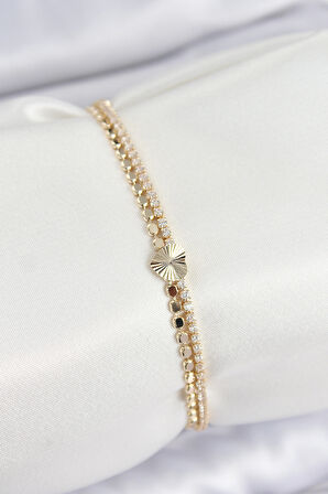 Pirinç Zirkon Taşlı Ezme Zincirli Kalp Model Gold Renk Kadın Bilekilk - EBJ250802W37117