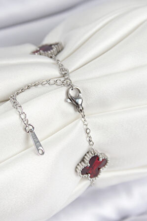 Sedefli Kırmızı Gümüş Renk Yonca Kadın Bileklik - EBJ250802W37128