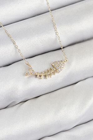 Pirinç Zirkon Taşlı Balık Kılçığı Model Gold Renk Kadın Kolye - EBJ250802W37065