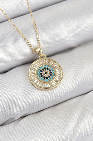 Pirinç Zirkon Taşlı Su Yolu Nazar Model Gold Renk Kadın Kolye - EBJ250802W37081