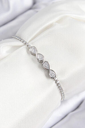 Pirinç Zirkon Taşlı Sonsuzluk Model Gümüş Renk Asansörlü Kadın Bileklik - EBJ250816W37427