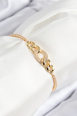 Pirinç Zirkon Taşlı Zincir Model Gold Renk Asansörlü Kadın Bileklik - EBJ250816W37442