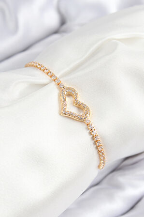 Pirinç Zirkon Taşlı Kalp Model Gümüş Renk Asansörlü Kadın Bileklik - EBJ250816W37450