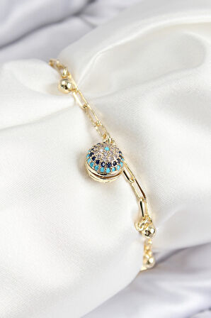 Pirinç Zirkon Taşlı Nazar Boncuğu Model Gold Renk Kadın Bileklik - EBJ250816W37521