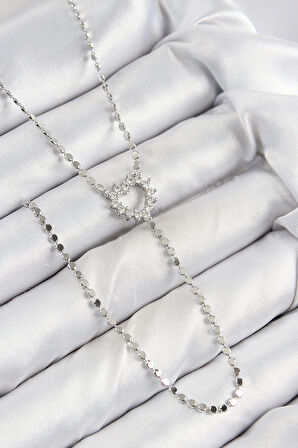 Pirinç Zirkon Taşlı Ezme Zincirli Kalp Model Gümüş Renk Y Kolye - EBJ250816W37250