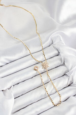 Pirinç Zirkon Taşlı Ezme Zincirli Kutup Yıldızı Model Gold Renk Y Kolye - EBJ250816W37259