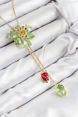 VIP Pirinç Zirkon Taşlı Çiçek Model Gold Renk Asansörlü Kadın Kolye - EBJ250816W37313