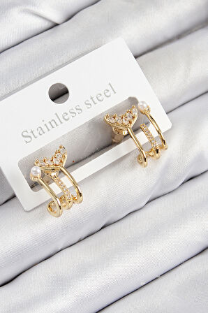 Pirinç Zirkon Taşlı İnci Detaylı Balık Kuyruğu Model Gold Renk Kadın Küpe - EBJ250816W37175