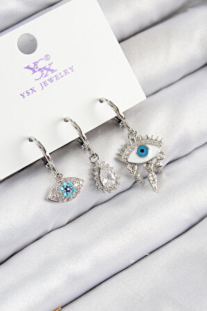 Pirinç Zirkon Taşlı 3'lü Fatma'nın Gözü Model Gümüş Renk Kadın Küpe - EBJ250816W37344