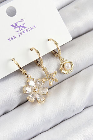 Pirinç Zirkon Taşlı 3'lü İstiridye Ve Çiçek Model Gold Renk Kadın Küpe - EBJ250816W37351