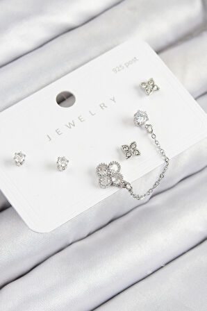 Pirinç Zirkon Taşlı Yonca Model Gümüş Renk 925 Ayar Gümüş Çivi Kadın Küpe Set - EBJ250816W37371