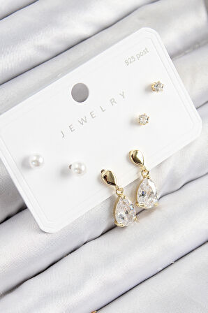 Pirinç Zirkon Taşlı Sallantılı Damla Model Gold Renk 925 Ayar Gümüş Çivi Kadın Küpe Set - EBJ250816W37386