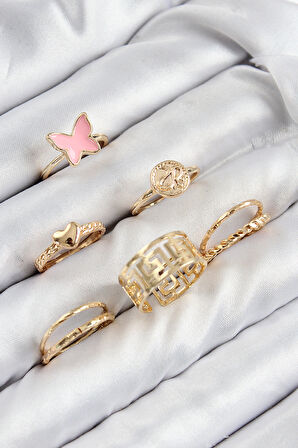 Pirinç Kelebek Ve Kalp Model Gold Renk Kadın Yüzük Kombin Set - EBJ250816W37414