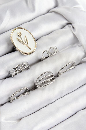 Pirinç Zirkon Taşlı Lale Model Gümüş Renk Kadın Yüzük Kombin Set - EBJ250816W37421