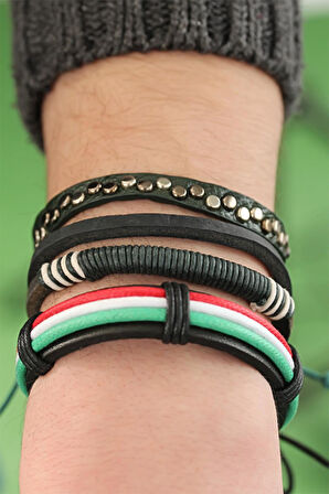 Karışık Renkli Çoklu Deri Erkek Bileklik Kombin - EBJ250816W37486