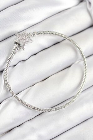 Pirinç Charm Zirkon Taşlı Yıldız Model Gümüş Renk Kadın Bileklik - EBJ250902W37609
