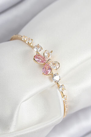 Pirinç Zirkon Taşlı Kelebek Model Gold Renk Kadın Bileklik - EBJ250902W37713