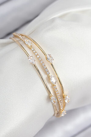 Pirinç Zirkon Taşlı Su Yolu Model Gold Renk Kadın Bileklik - EBJ250902W37727